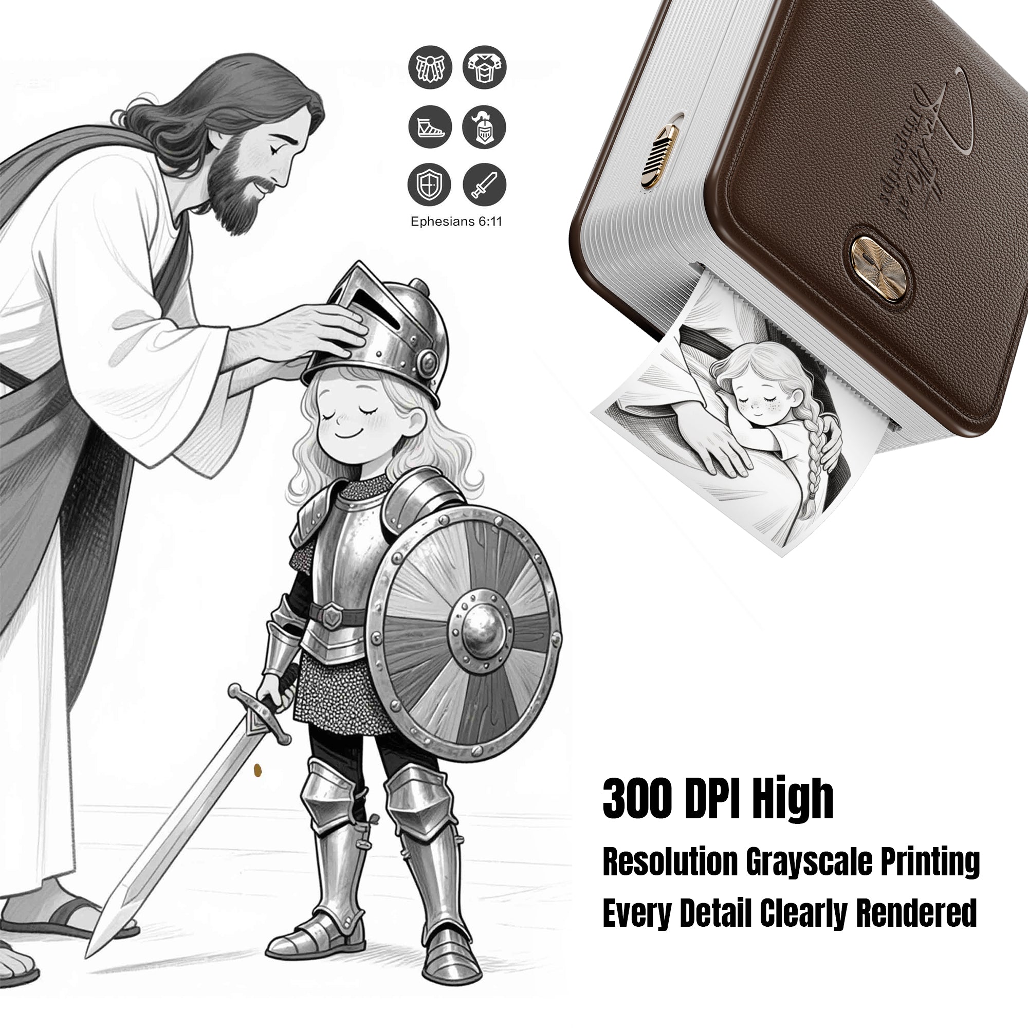 FaithTag F21 300 DPI grayscale Bible printer printing detailed Christian illustrations