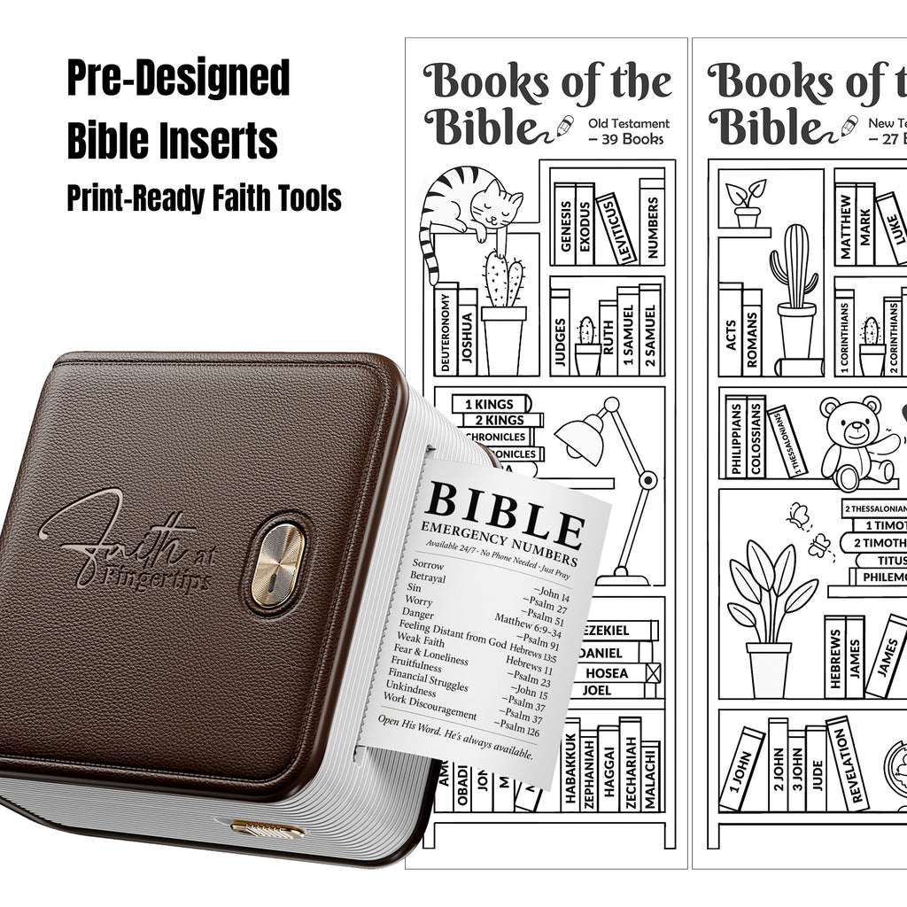 FaithTag F21 printer with pre-designed Bible inserts and scripture reference sheets