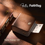 FaithTag F21 faith printer printing scripture art beside Bible on wooden desk