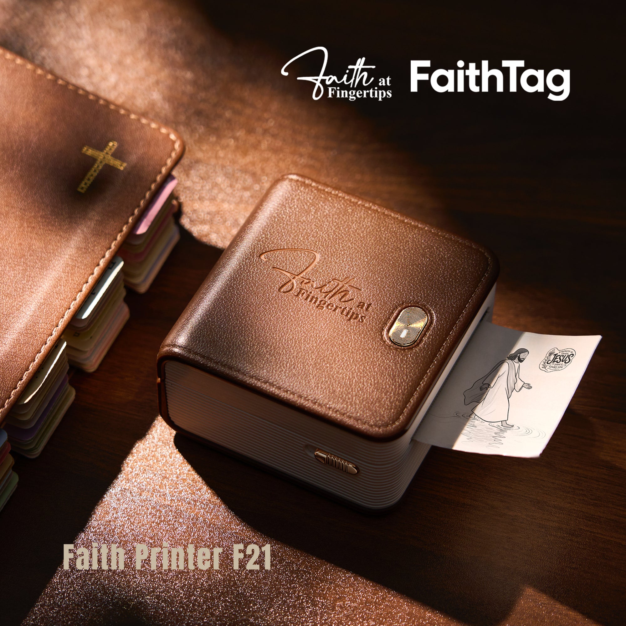 FaithTag F21 faith printer printing scripture art beside Bible on wooden desk