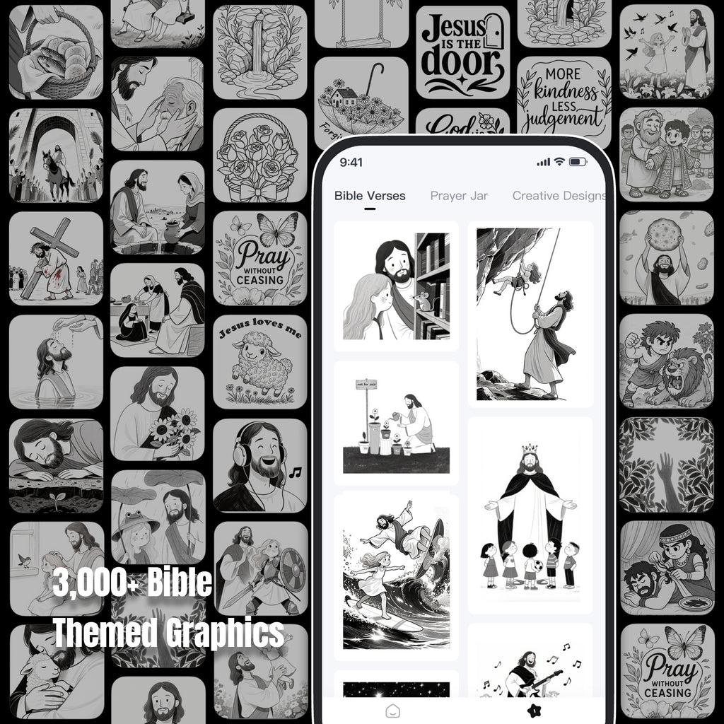 FaithTag app showing 3000+ Bible-themed graphics printable with Faith Printer F21