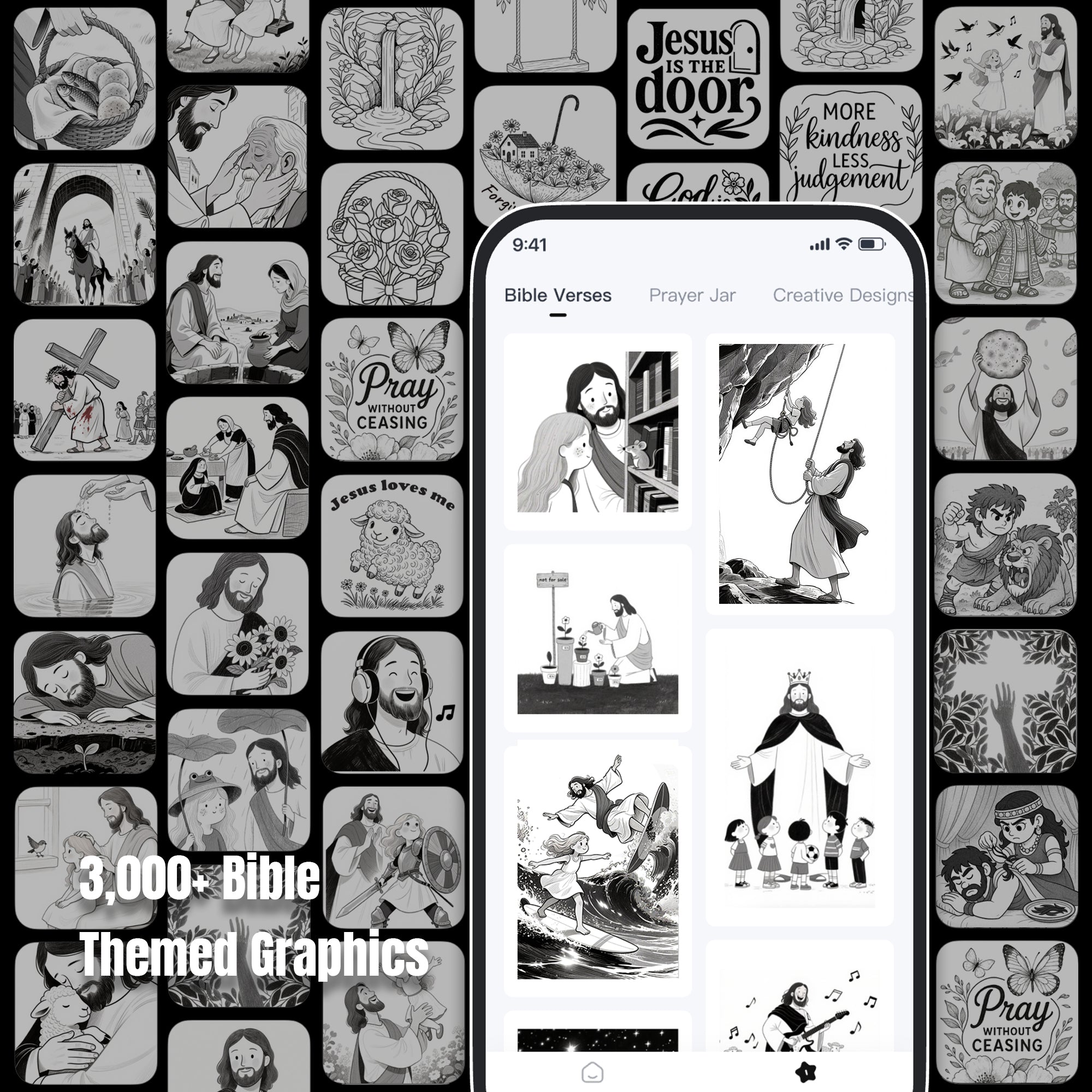 FaithTag app showing 3000+ Bible-themed graphics printable with Faith Printer F21