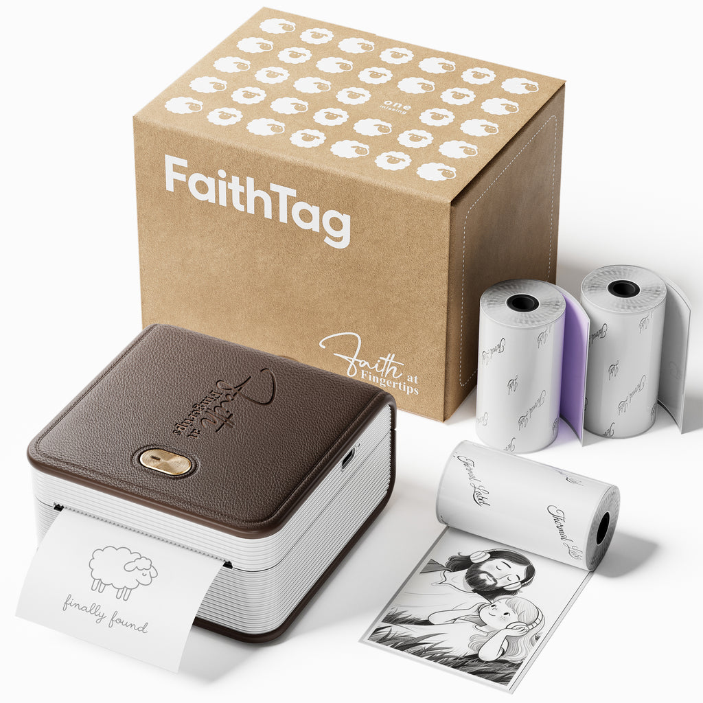 Faith Printer F21 box set with thermal paper rolls and Bible artwork prints