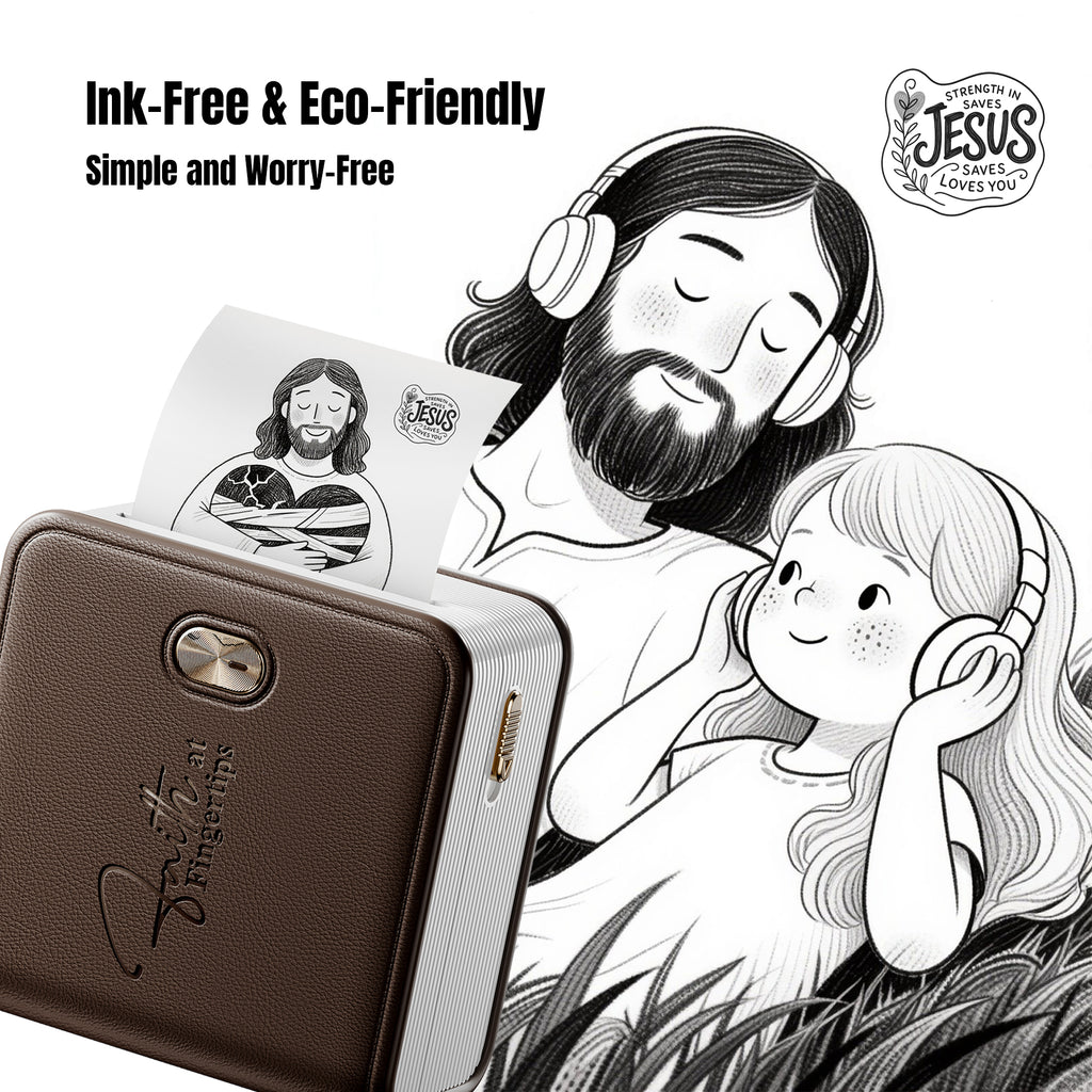 Ink-free eco-friendly faith printer printing Jesus and child grayscale artwork