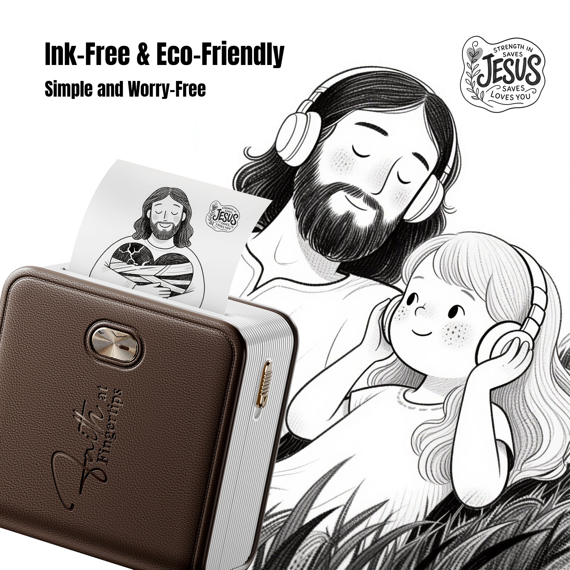 Ink-free eco-friendly faith printer printing Jesus and child grayscale artwork