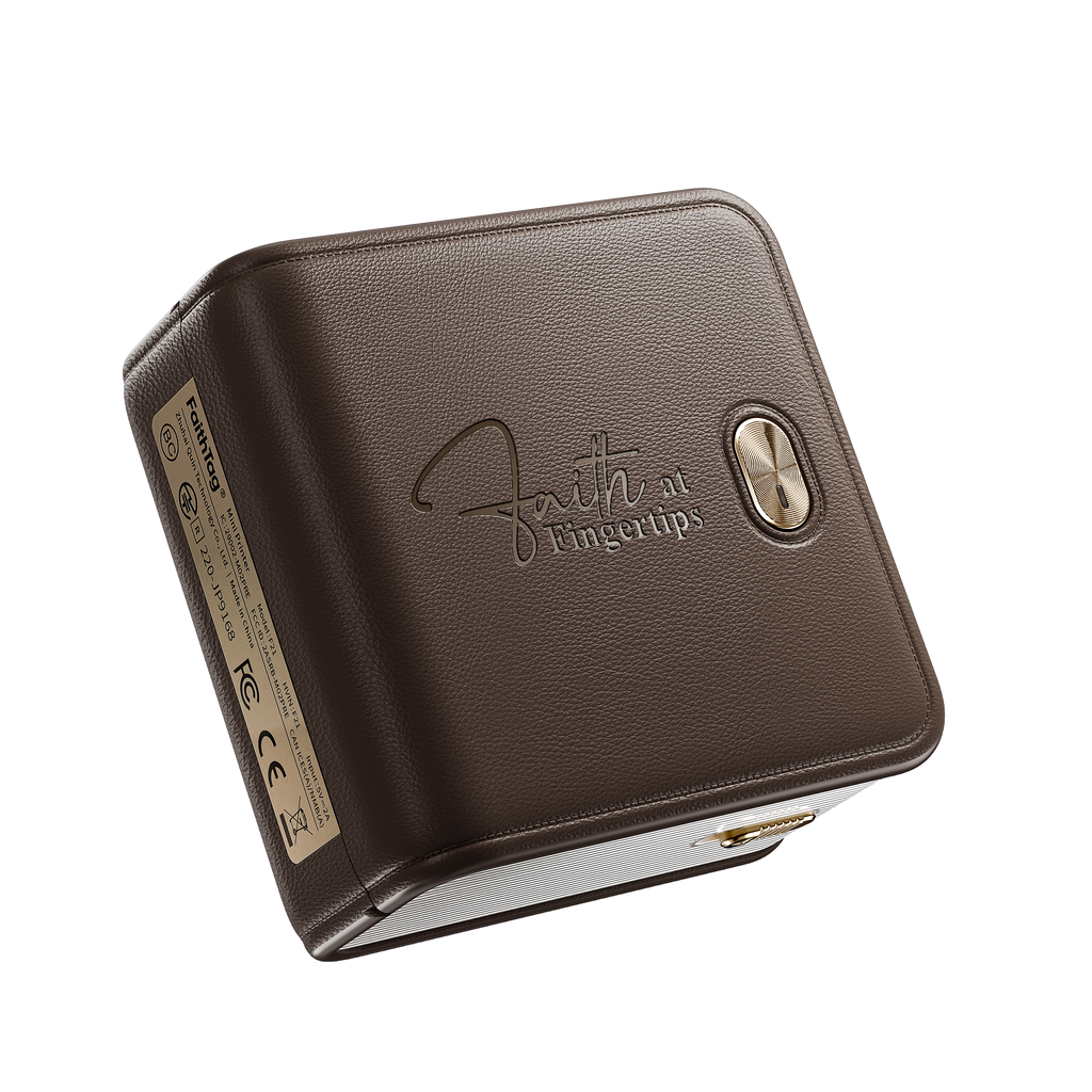 FaithTag F21 portable Bible journal printer with leather texture and gold cross button