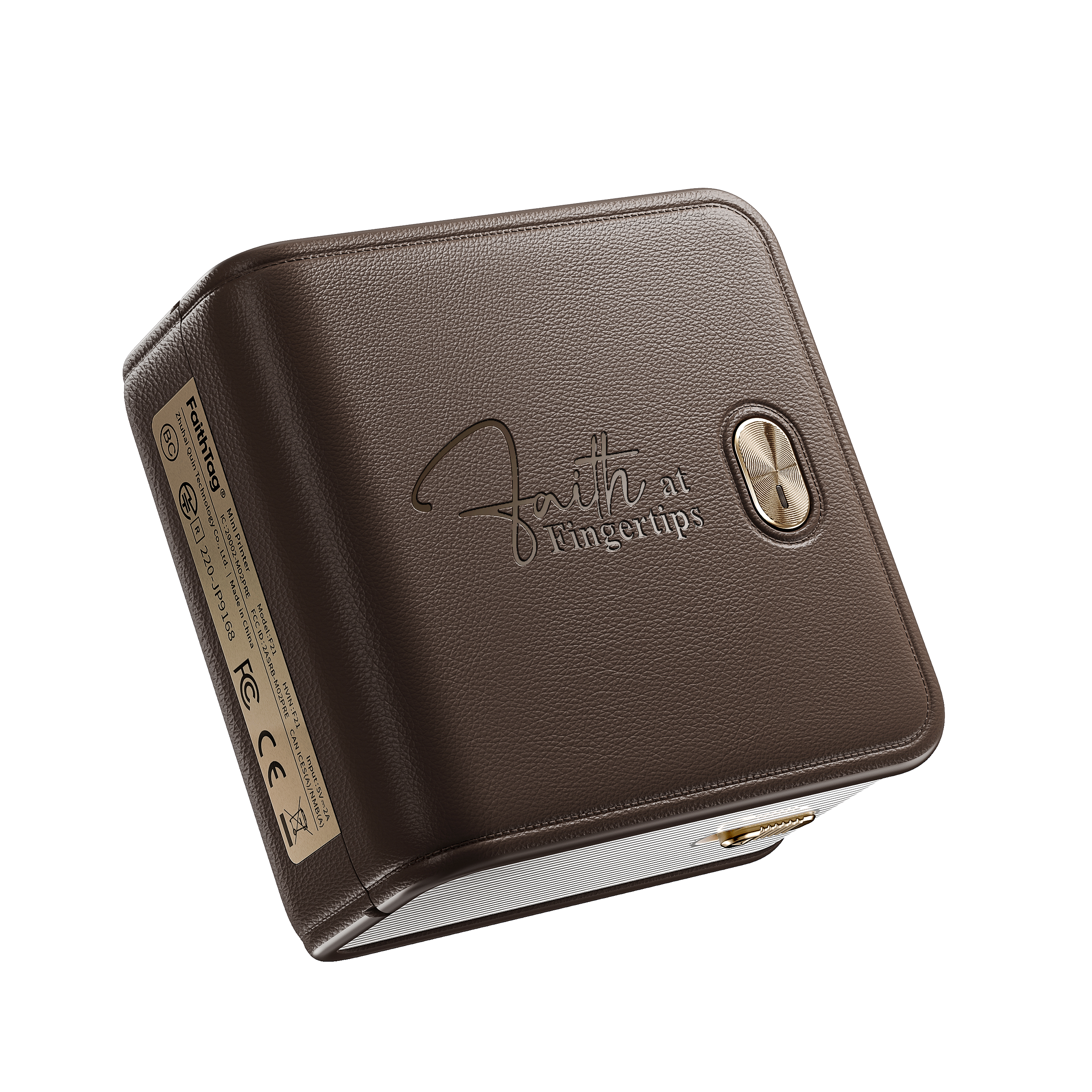 FaithTag F21 portable Bible journal printer with leather texture and gold cross button