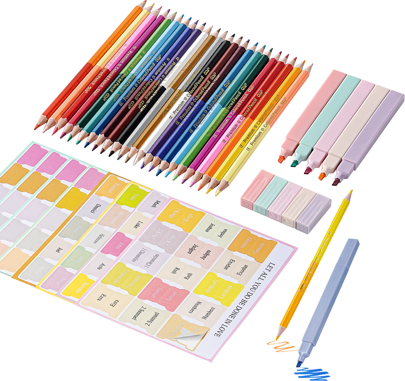 FaithTag Favorites journaling set with Bible tabs, pastel highlighters, and colored pencils, Christian stationery kit for Bible study, devotion, and journaling.