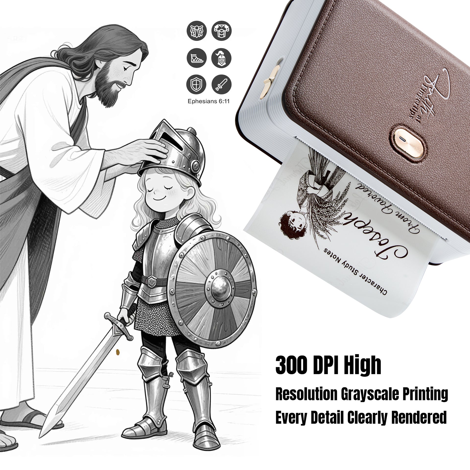 faithtag- fp31- portable Bible journal printer with leather texture and gold cross button