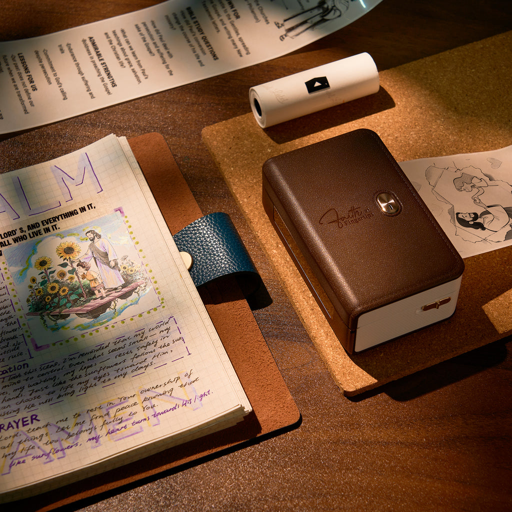 FaithTag F21 portable Bible journal printer with leather texture and gold cross button