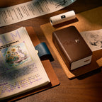 FaithTag F21 portable Bible journal printer with leather texture and gold cross button