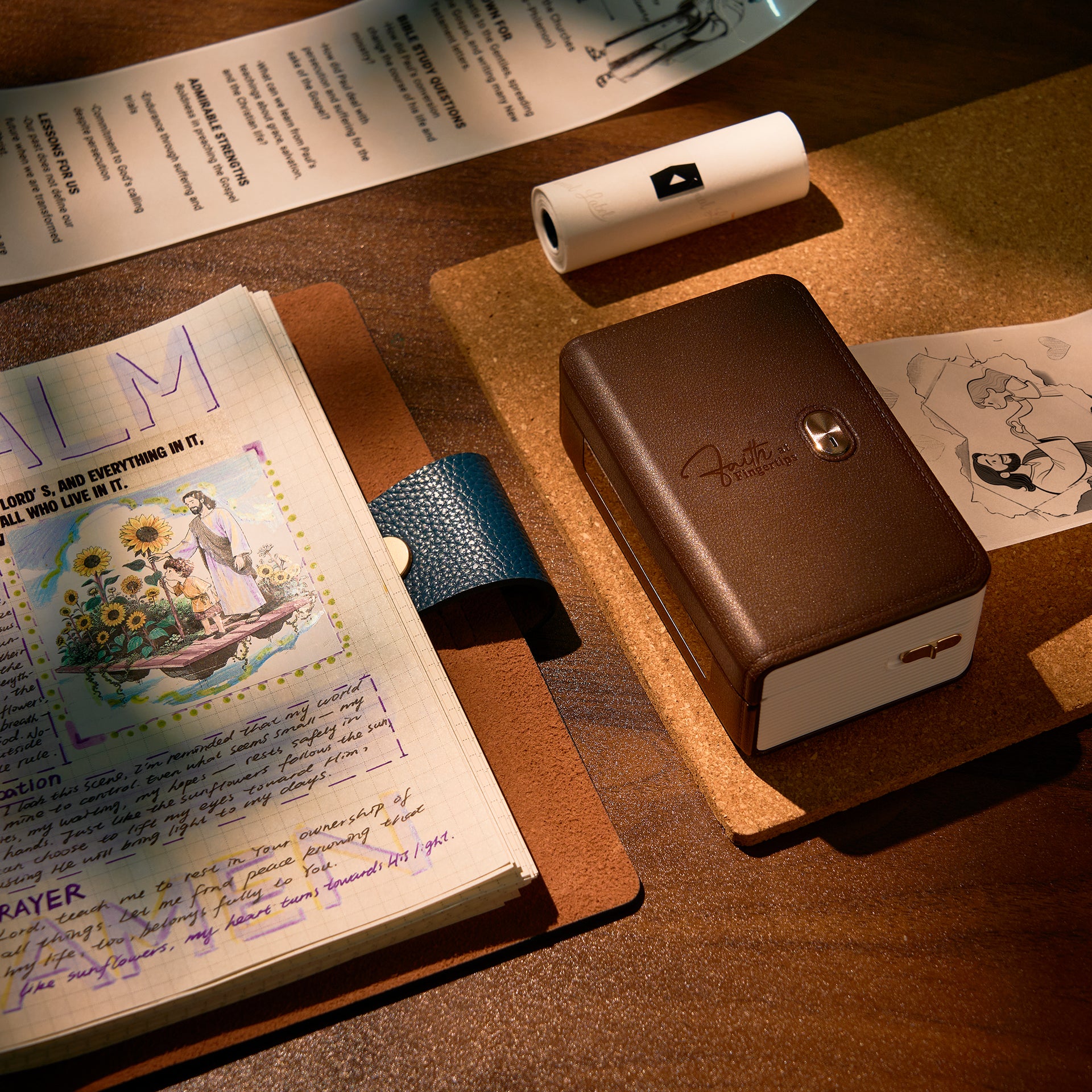 FaithTag F21 portable Bible journal printer with leather texture and gold cross button