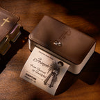 FaithTag F21 portable Bible journal printer with leather texture and gold cross button
