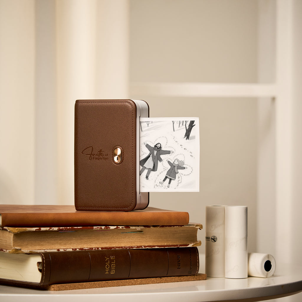 FaithTag F21 portable Bible journal printer with leather texture and gold cross button