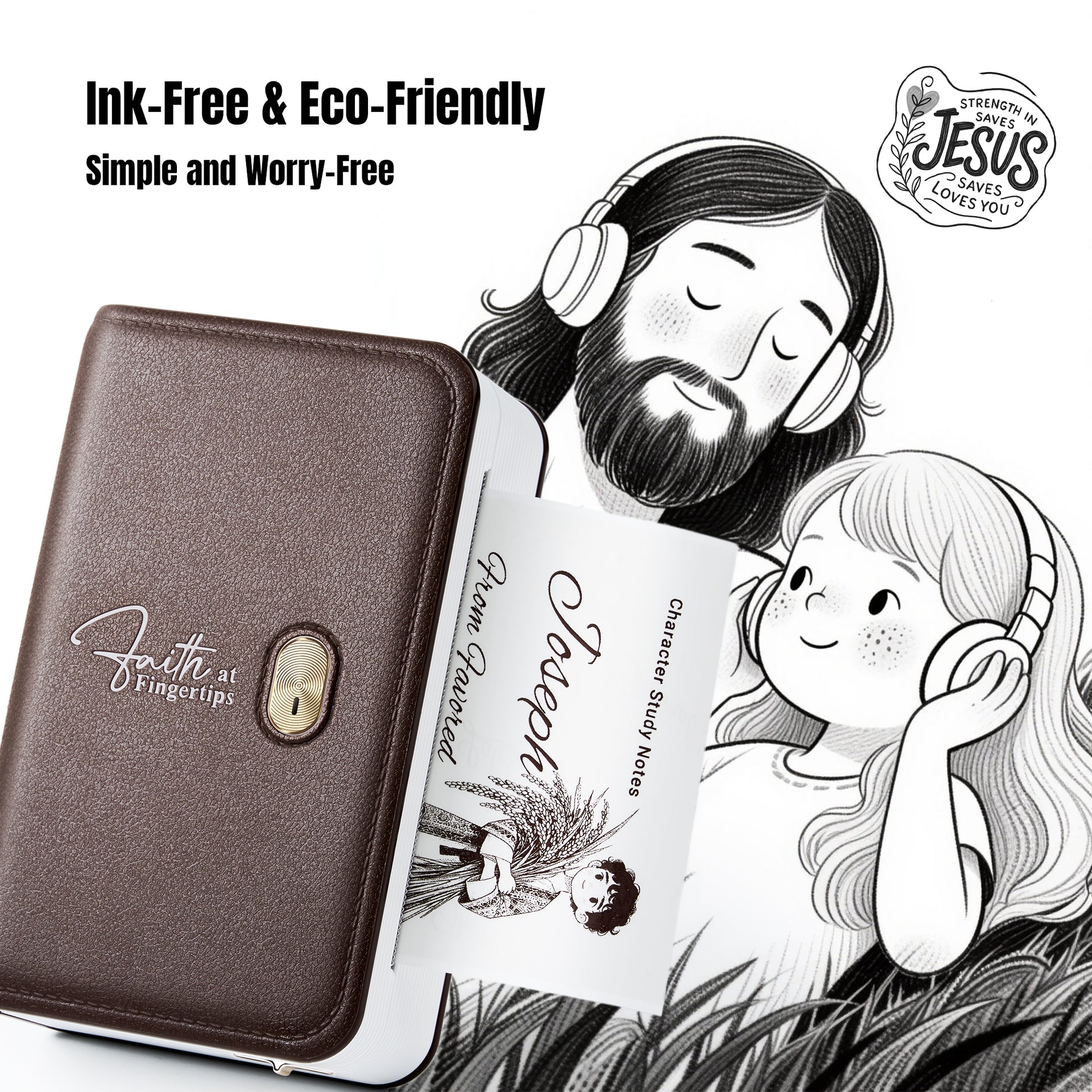 FaithTag F21 portable Bible journal printer with leather texture and gold cross button