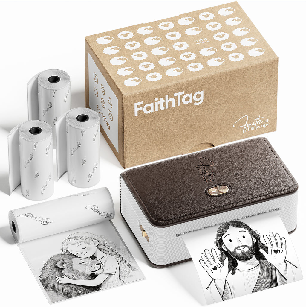 FaithTag -fp31- portable Bible journal printer with leather texture and gold cross button