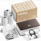FaithTag -fp31- portable Bible journal printer with leather texture and gold cross button