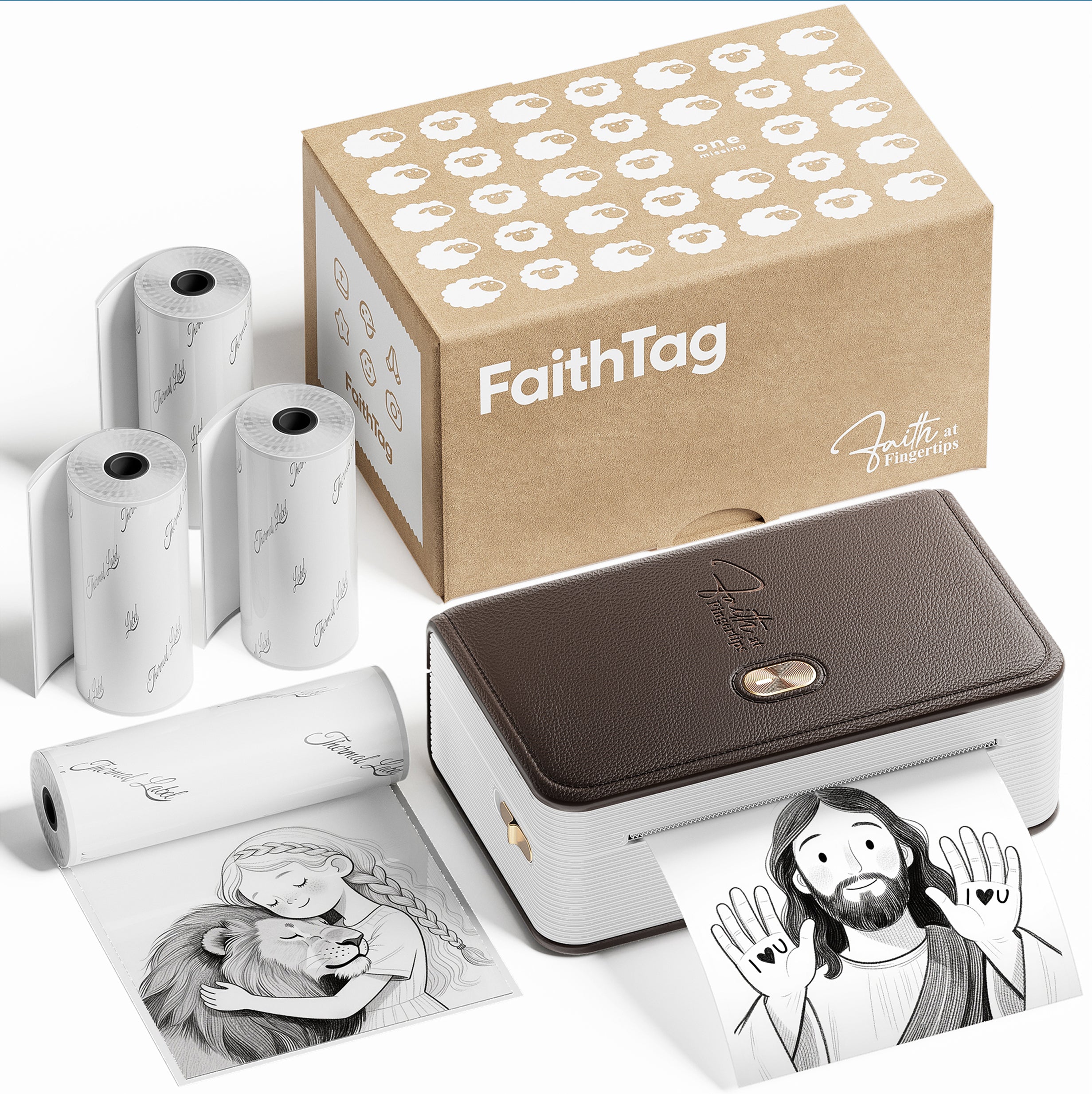 FaithTag -fp31- portable Bible journal printer with leather texture and gold cross button