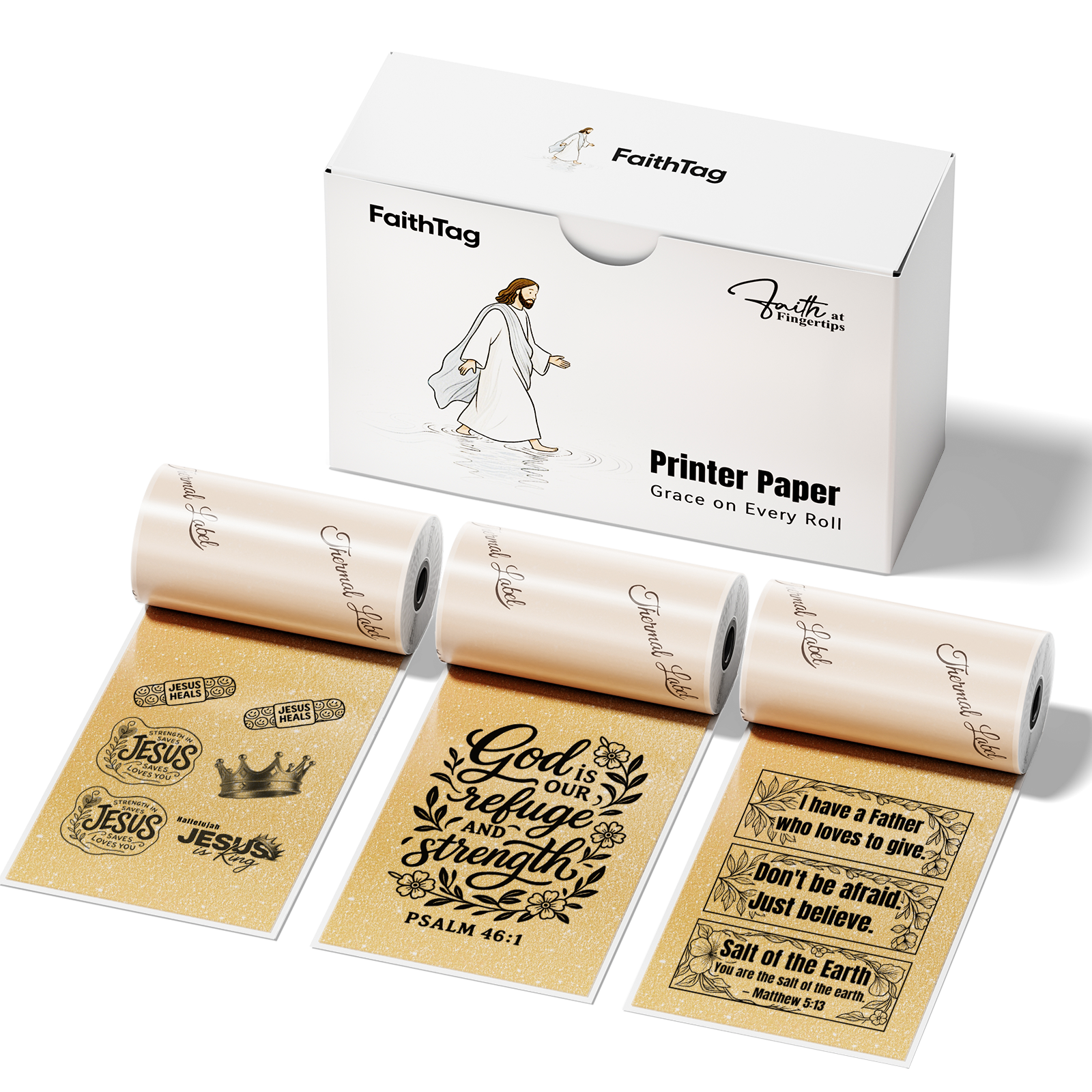 FaithTag Gold Glitter Thermal Sticker Paper rolls printing Bible verses and Christian quotes, sparkling inkless printer paper.