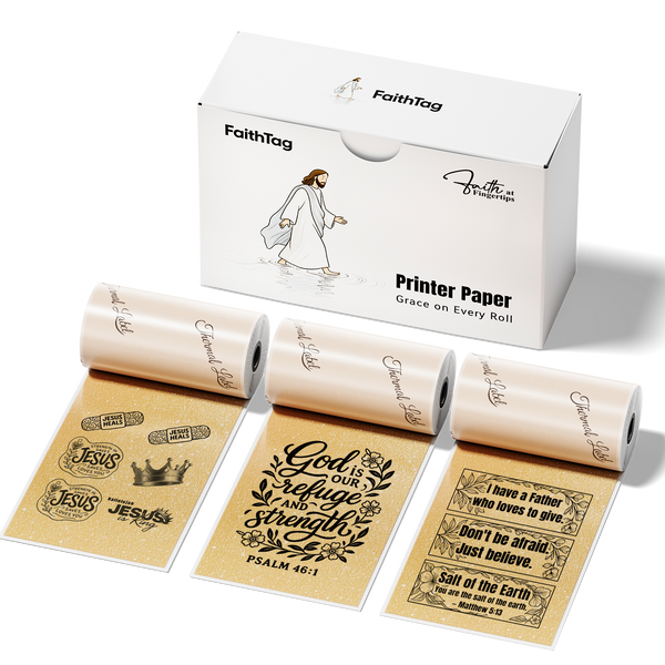 FaithTag Gold Glitter Thermal Sticker Paper rolls printing Bible verses and Christian quotes, sparkling inkless printer paper.