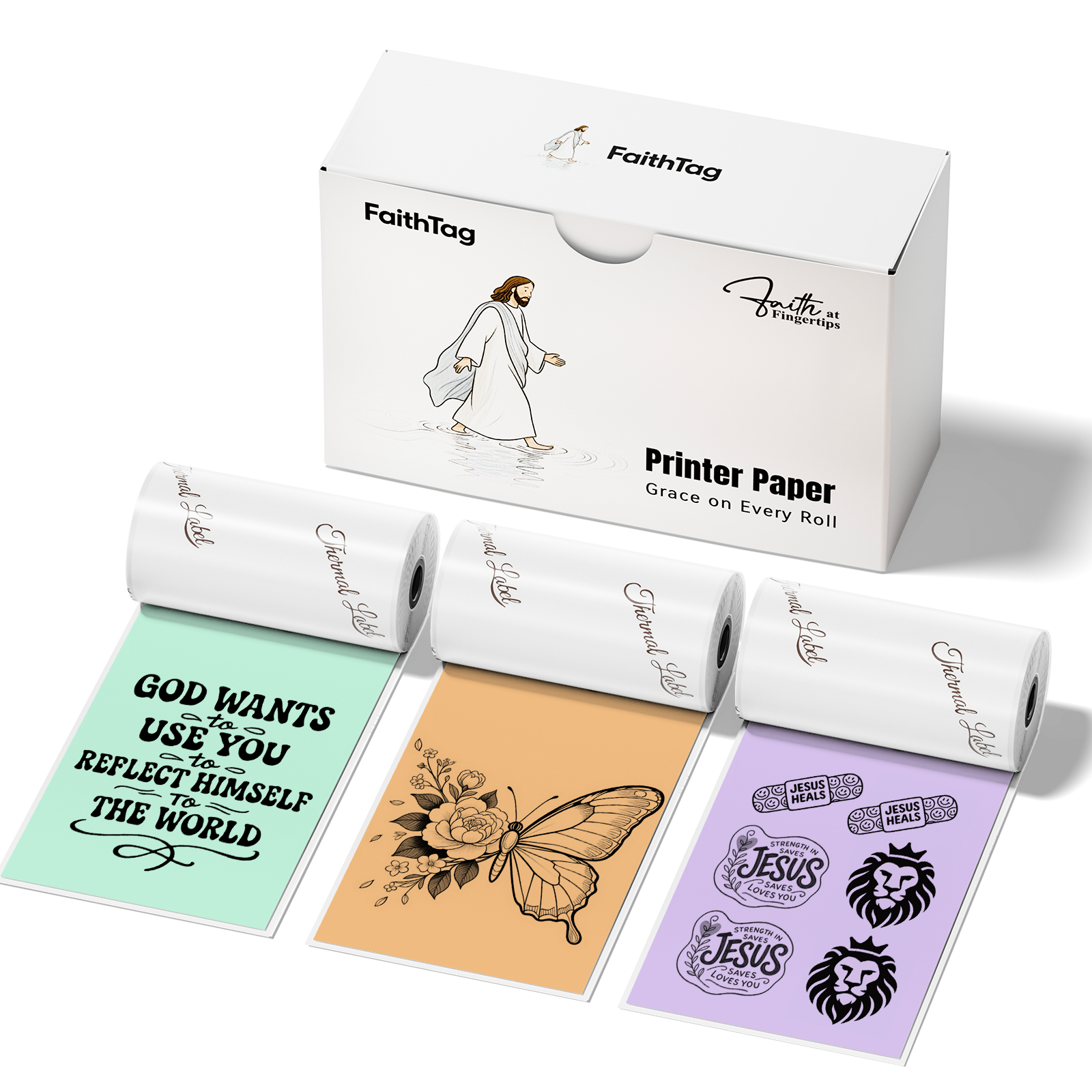 FaithTag Green, Orange, and Purple Thermal Sticker Paper rolls printing Bible quotes, Christian art, and Jesus designs, colorful BPA-free inkless paper.