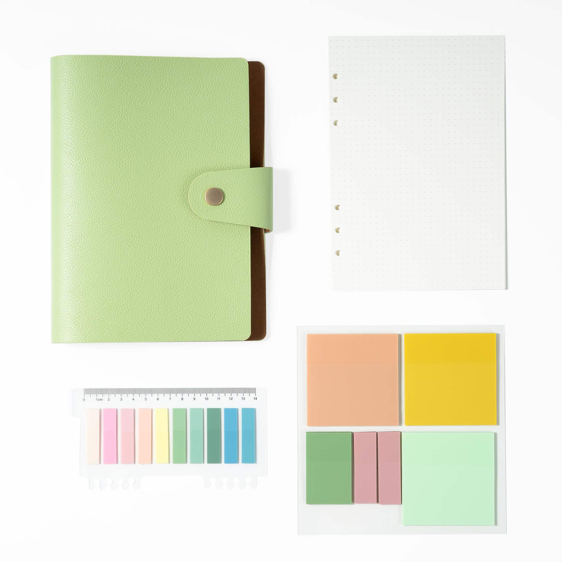 FaithTag Favorites Mint Green notebook set with Bible journaling supplies, includes dotted refill paper and pastel sticky notes.