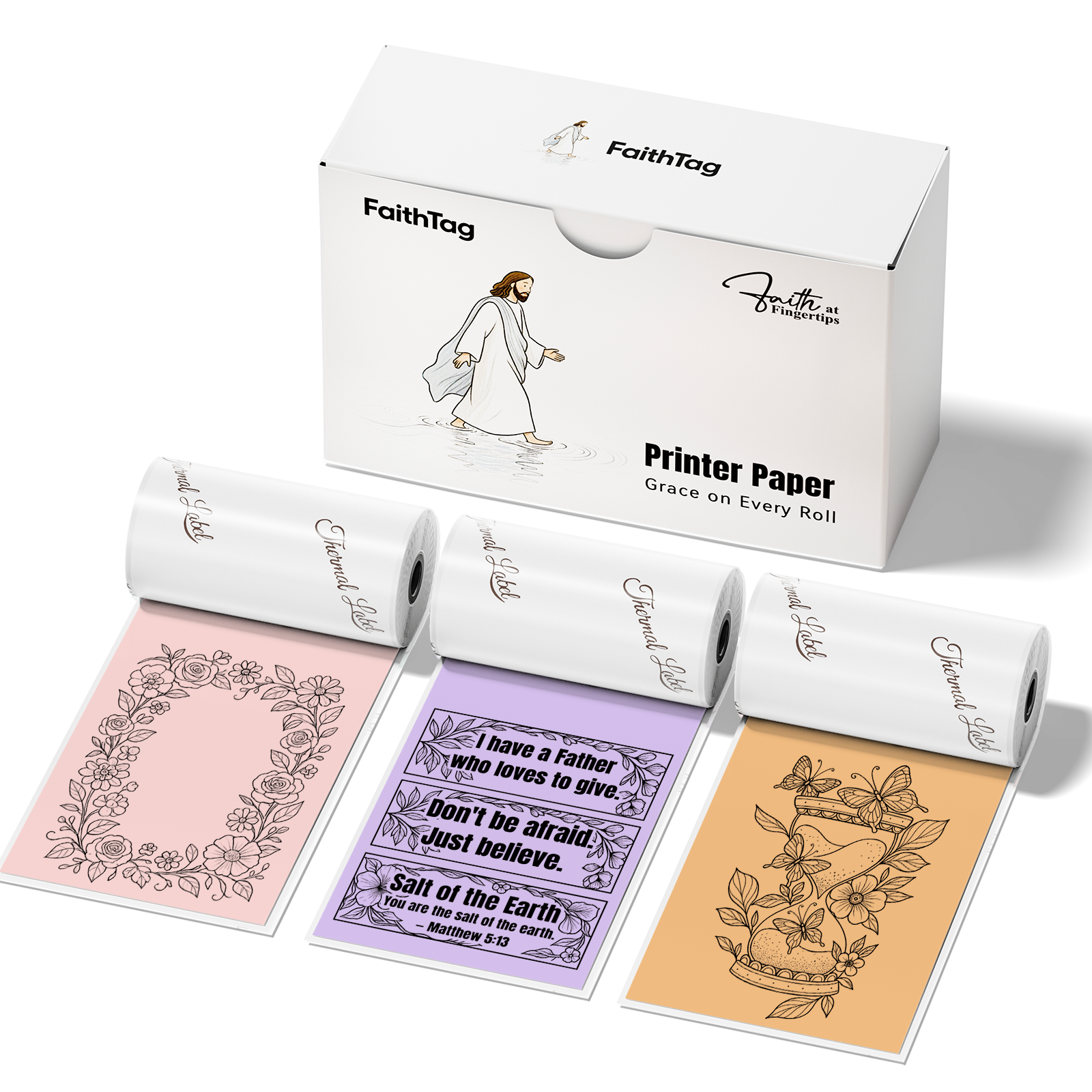 FaithTag Pink Purple Orange Thermal Sticker Paper set, 3 colorful thermal rolls for FaithTag F21 printer, designed for Bible journaling, devotion stickers, and Christian crafts.