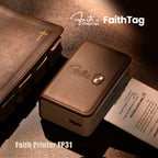 FaithTag Fp31 portable Bible journal printer with leather texture and gold cross button