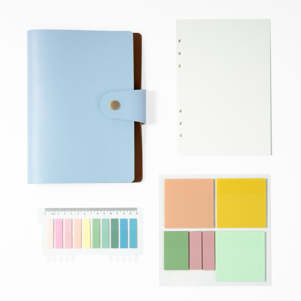 FaithTag Favorites Sky Blue notebook set with Bible journaling inserts, pastel sticky notes, and divider tabs for study organization.