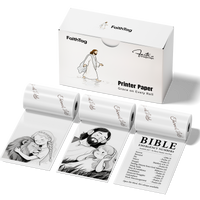 FaithTag Transparent Thermal Sticker Paper rolls printing Christian Bible-themed illustrations and scripture notes, BPA-free, inkless paper.