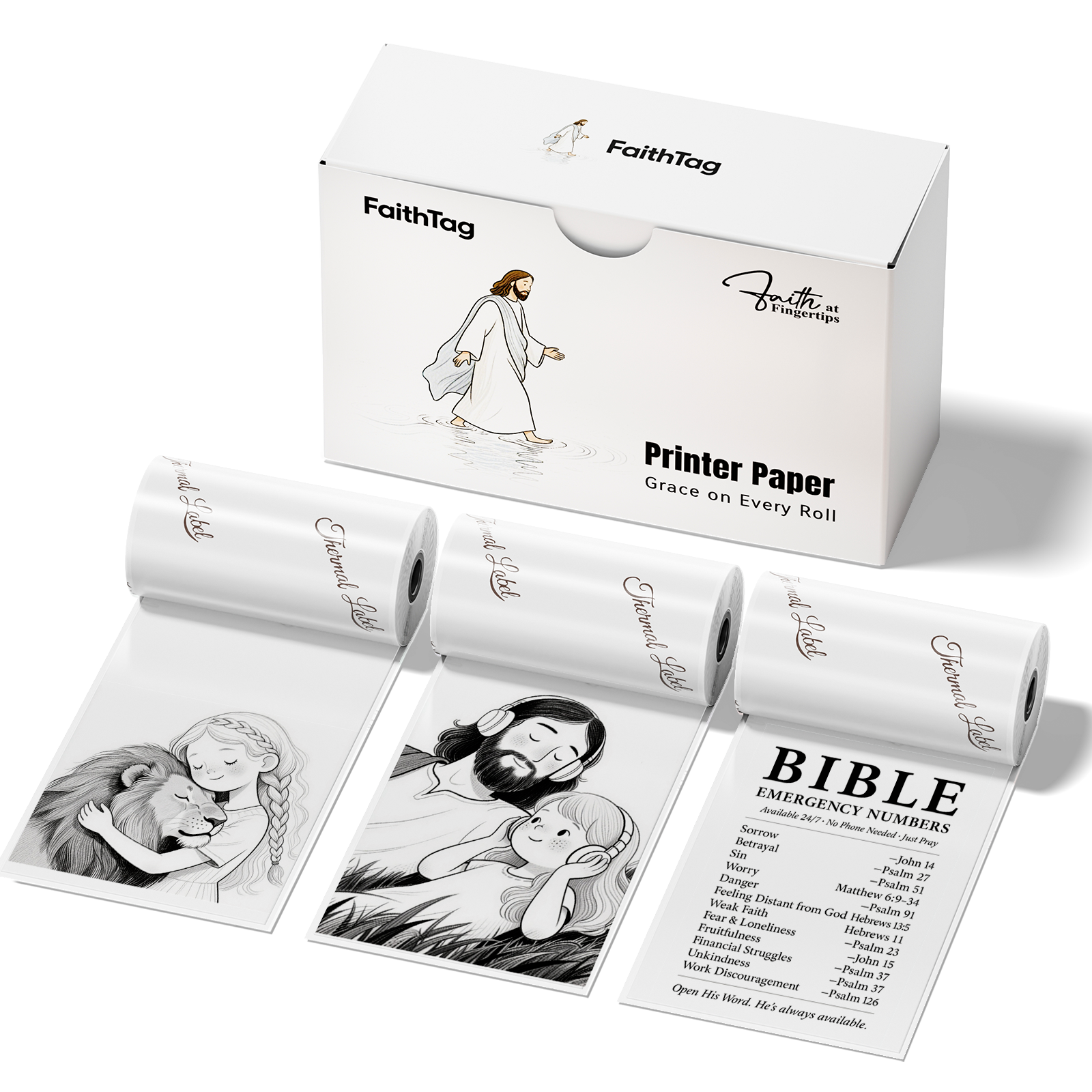 FaithTag Transparent Thermal Sticker Paper rolls printing Christian Bible-themed illustrations and scripture notes, BPA-free, inkless paper.