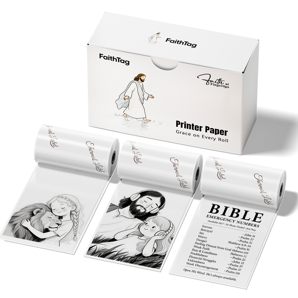 FaithTag Transparent Thermal Sticker Paper rolls printing Christian Bible-themed illustrations and scripture notes, BPA-free, inkless paper.