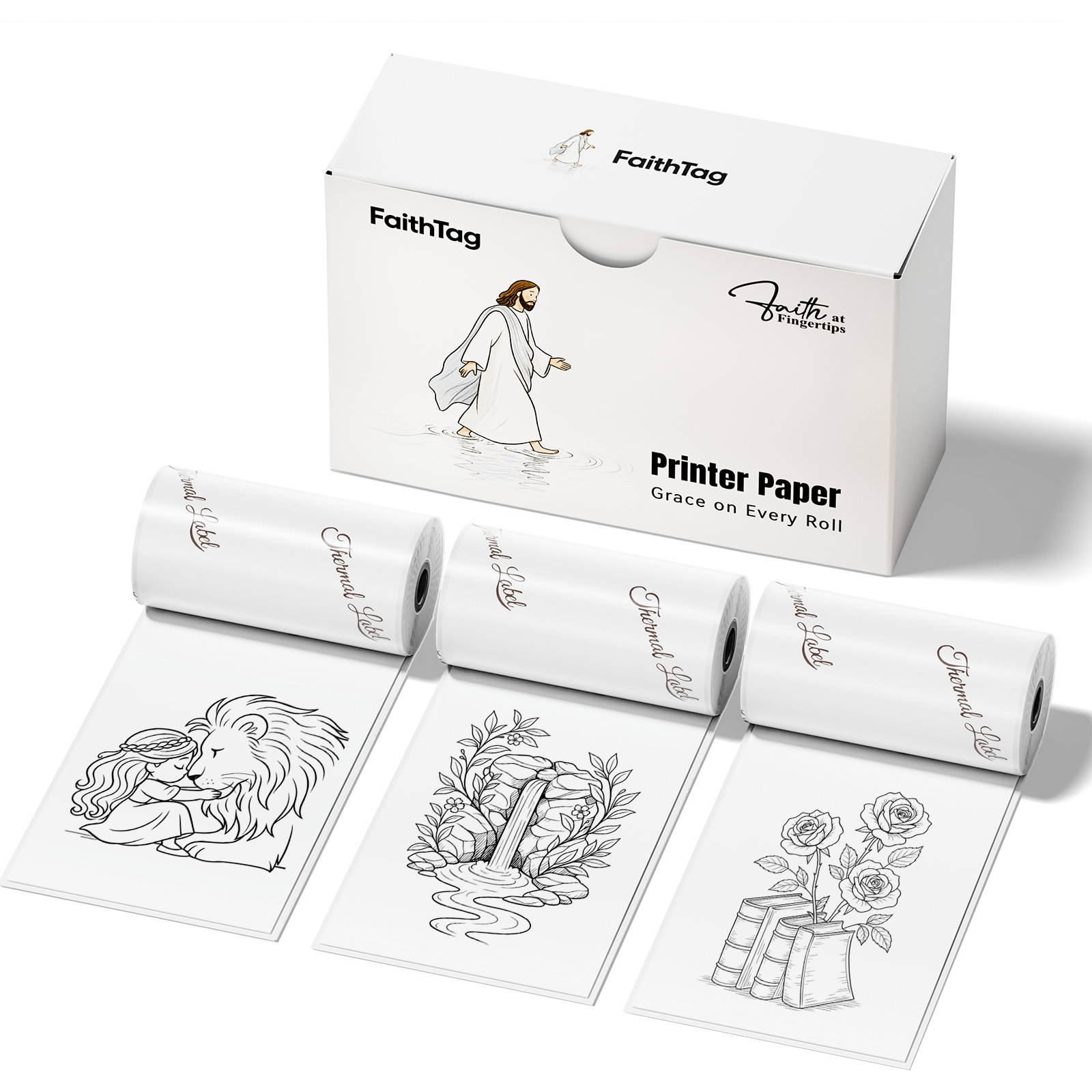 FaithTag white thermal sticker paper rolls with Christian Bible artwork prints, BPA-free, inkless printer paper.