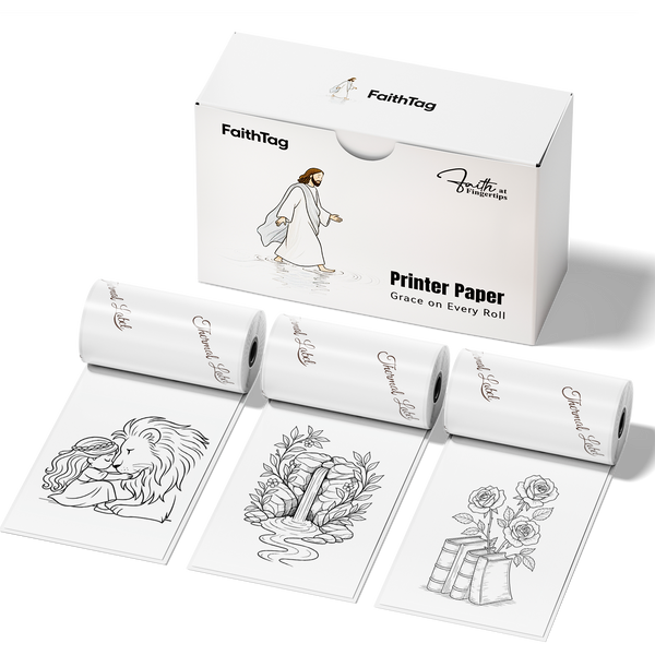 FaithTag white thermal sticker paper rolls with Christian Bible artwork prints, BPA-free, inkless printer paper.