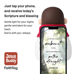 Phone tap NFC chip on FaithTag blessing night light to get daily bible scripture